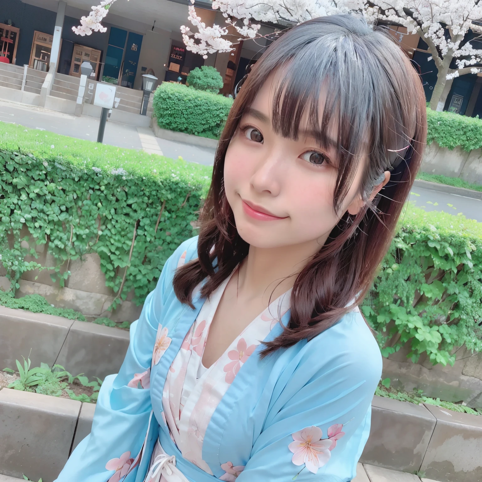 Highest quality, Ultra-high resolution, (Realistic:1.4),blush,cute,(Detailed face),A light smile, 
View your viewers,
Upper Body, kimono, 
sunny,river,(cherry blossoms),blue sky,