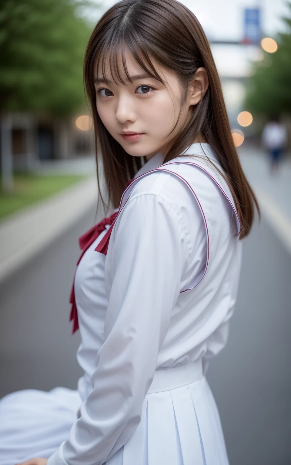 （8k、live-action、Raw photo、Highest quality、masterpiece：1.2),(Town、Outdoors,Front lighting:1.2),((Perfect lighting)),(濡れたhair),Watching the audience,Sexy pose, cute笑顔,Symmetrical eyes,18-year-old,student,White skin,knees,Small Face,前hairを真ん中から分けます、The forehead is visible,skinny,skinny)、masterpiece,Highest quality、超A high resolution,One person, solo,Close-up shot、cute、Back to Students,(Japanese school uniform:1.3),High school girl,Japanese women,（フォトReal：1.37）、Photon Mapping,Realistic、cuteSmall Face,Brown eyes、prospect、Depth of written boundary、Blurred Background、Real,(前hairが見える), hair, kneesが見える, thigh,(Nogizaka Idol), actress、Big and ample breasts、Cleavage、Super fine、Low people、(Skin with visible pores:1.2)、(Focus on the face)、Natural neck、Check and correct the skeleton