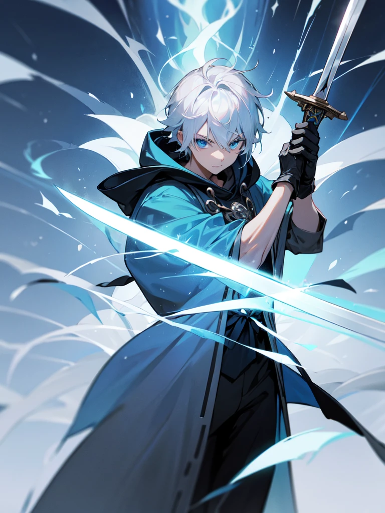 Sorcerer Divine Soul man, he has a silver hair and blue eyes, he wear a hood and wear gloves , hold sword with hand.