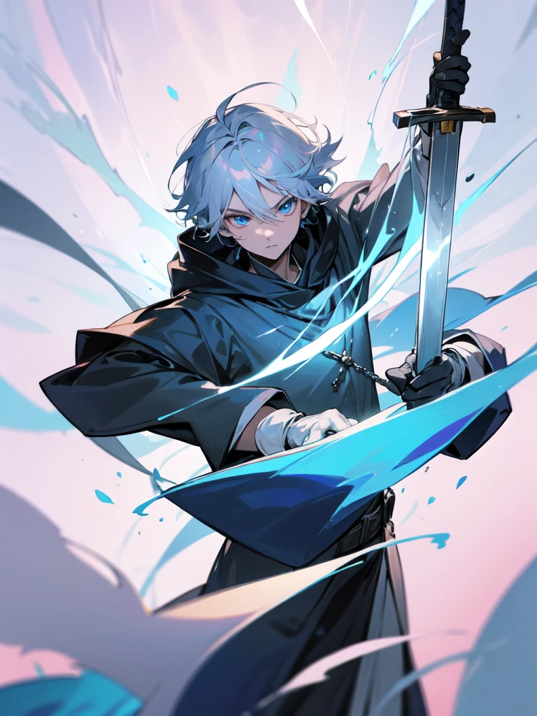 Sorcerer Divine Soul man, he has a silver hair and blue eyes, he wear a hood and wear gloves , hold sword with hand.
