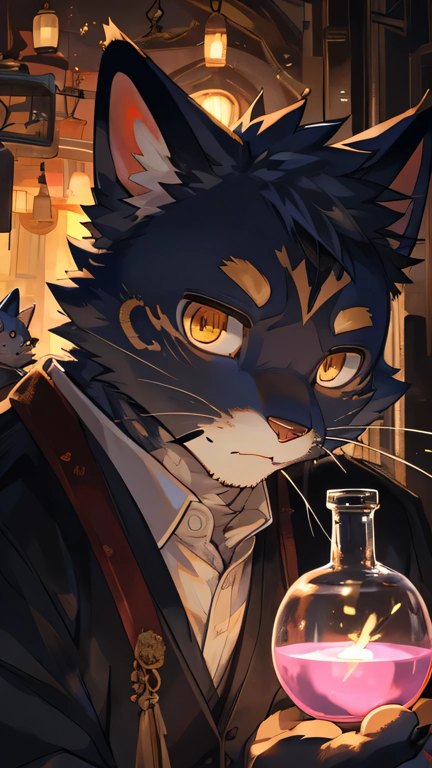 masterpiece，high quality，perfect ???????，furry，anthro cat，black cat，male， niji5，brown pupils，bright eyes，detailed face，holding the magic potion，by kiyosan，close up face
