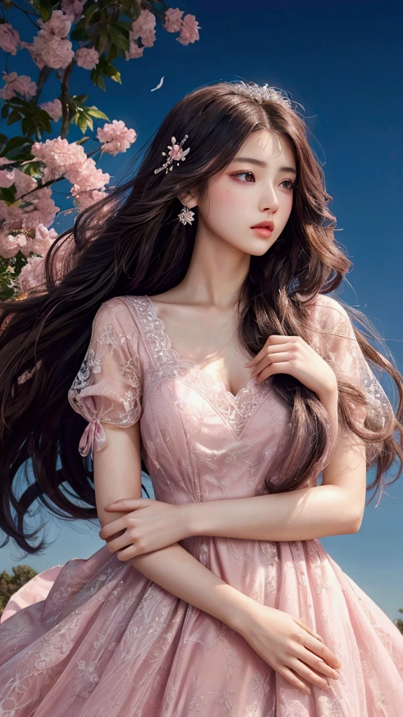 high resolution、High resolution、Beautiful woman staring into the distance、Sad look、I extend my right hand tentatively.、Dress up in a gorgeous dress、Gorgeous lace dress、Gorgeous hair ornament、Rainbow long hair、Long hair fluttering in the wind、Pink lips、