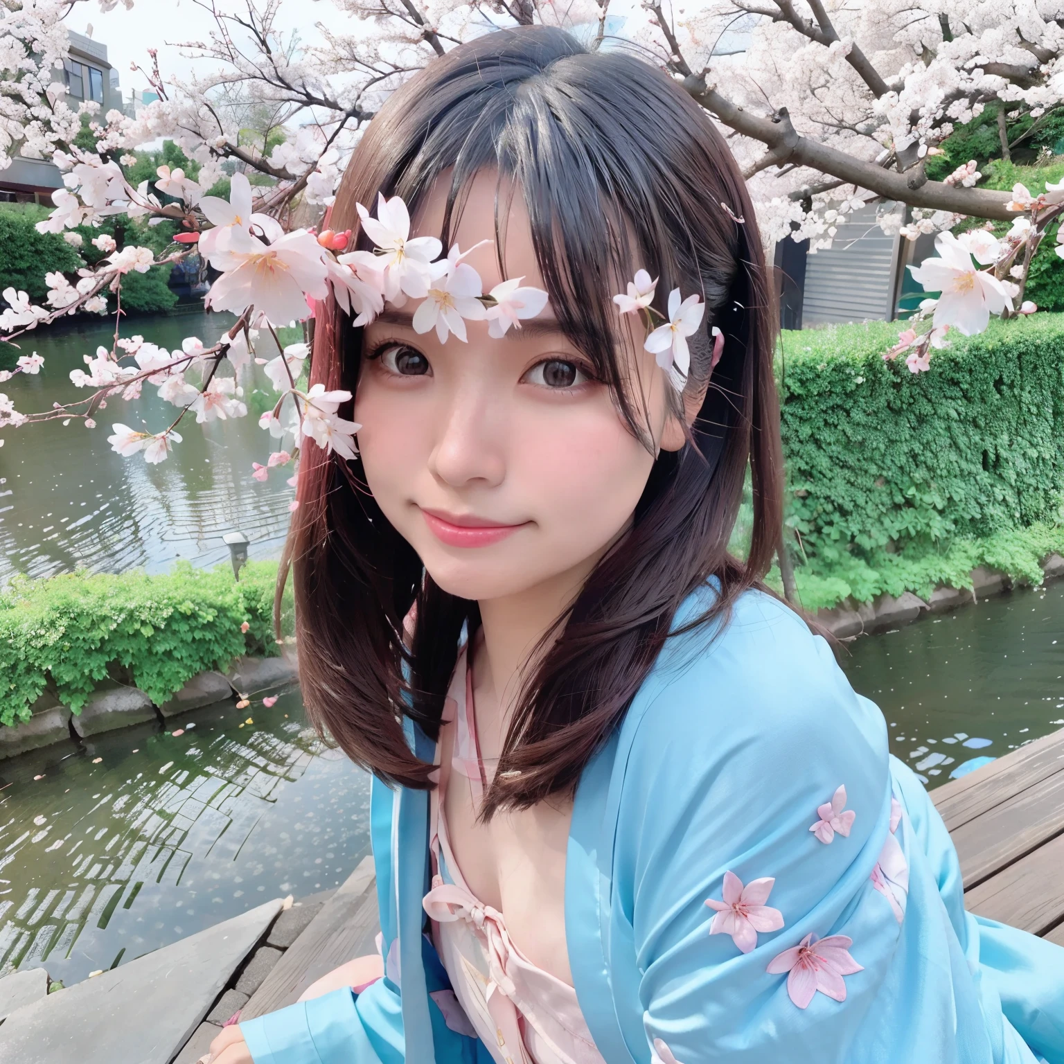 Highest quality, Ultra-high resolution, (Realistic:1.4),blush,cute,(Detailed face),A light smile,
View your viewers,
Upper Body, kimono,
sunny,river,(cherry blossoms),blue sky,