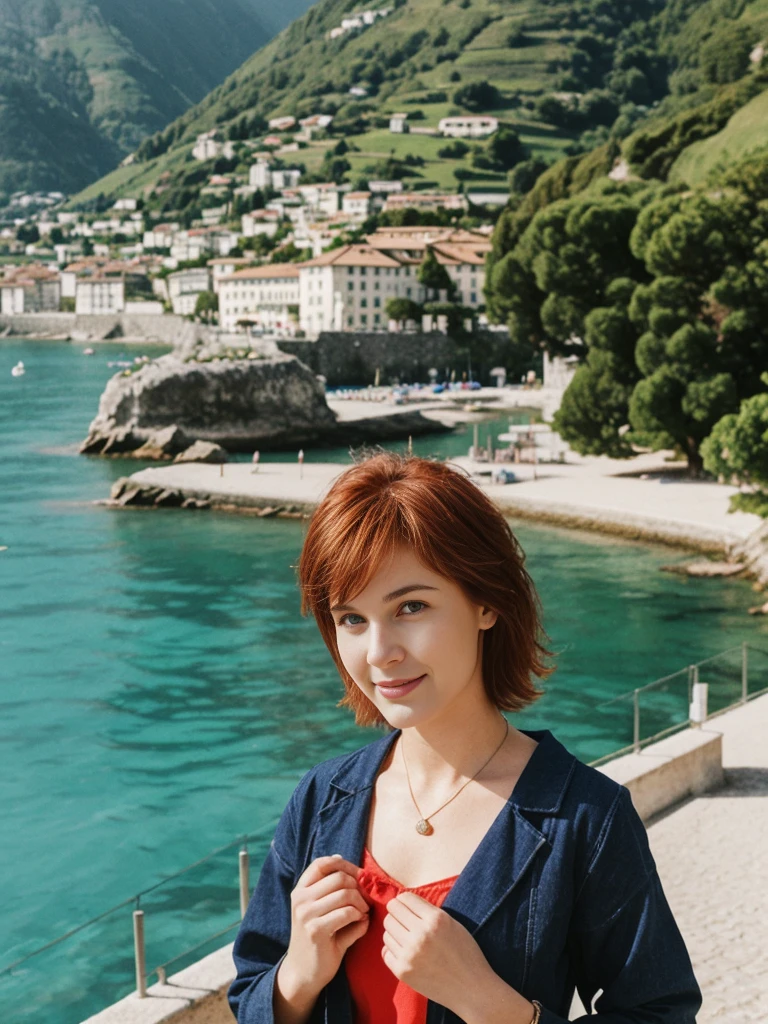 Emily Richardson, 1girl, solo, (((consistent face and image))), ((20 years old)), realistic, photorealistic, (red cranky hair), short hair, (((Caucasian mature woman))), (Swiss woman), (Swiss nose), (Swiss thick lips), posing outside the French Riviera: Stunning coastal views, yachts, and beaches, upper body and upper legs, smirking, standing, wearing In style in trend Generation-Z modern wear different colored,