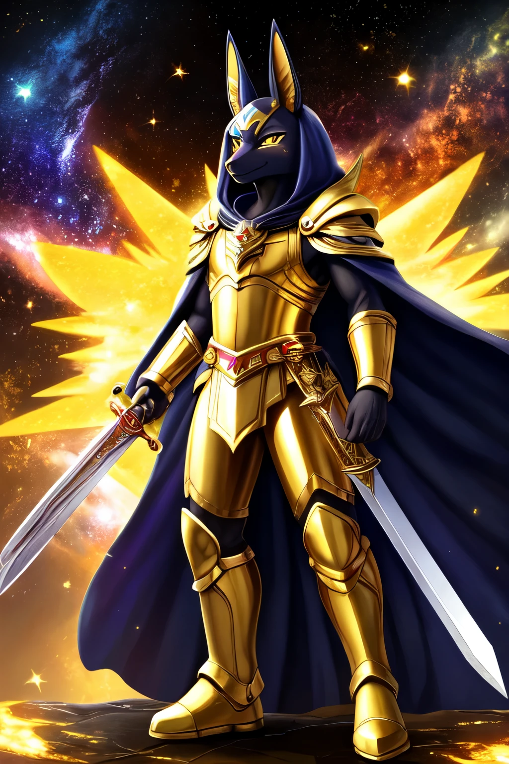 ((best quality)), ((masterpiece)), (detailed), 1 boy, kemono, furry, god anubis, full body, galaxy, golden accessories, yellow glowing symbols, anthro, holding a sword, gold and white armor, cape