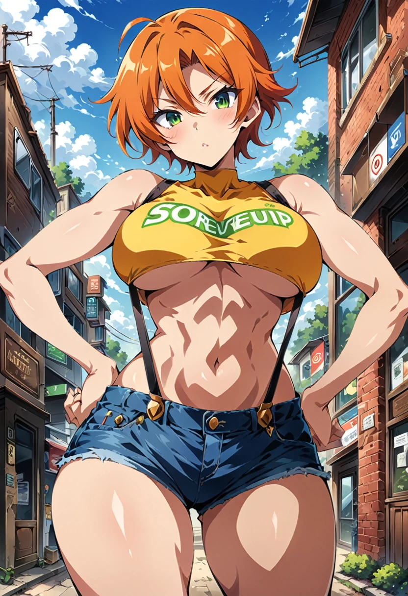 (score_9, score_8_up, score_7_up), ((best quality, masterpiece)),perfect anatomy,((aesthetic,very aesthetic)),official style,(intricate.hyper-detailed), (ultra-high resolution),source_anime.from front,(front view), focus:1.5 ,standing,hands on own hips, (maturerl, Outdoor, Green Eyes, Orange Hair, , Yellow Shirt, Sleeveless shirt,((stomach)), Denim shorts, suspenders, , (slender), under_boob,unity 8llpaper.extremely detailed CG,Pokémon style,