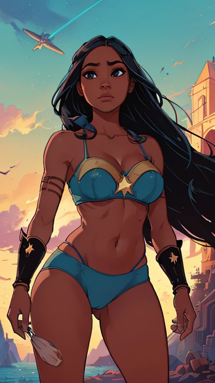 (Dominican: Caribbean:1girl: Pocahontas,Superhero), (extremely detailed CG unit 8k wallpaper),(master part), (best quality), (ultra detali), (best illustration),(melhor ombre), cowboy shot, (Sharp eyeliner, ombre, detailedeyes:1), Disney Castle background, ,break , (star15escola:1.2), hair ornament,long hair ,black hair, Cameltoe