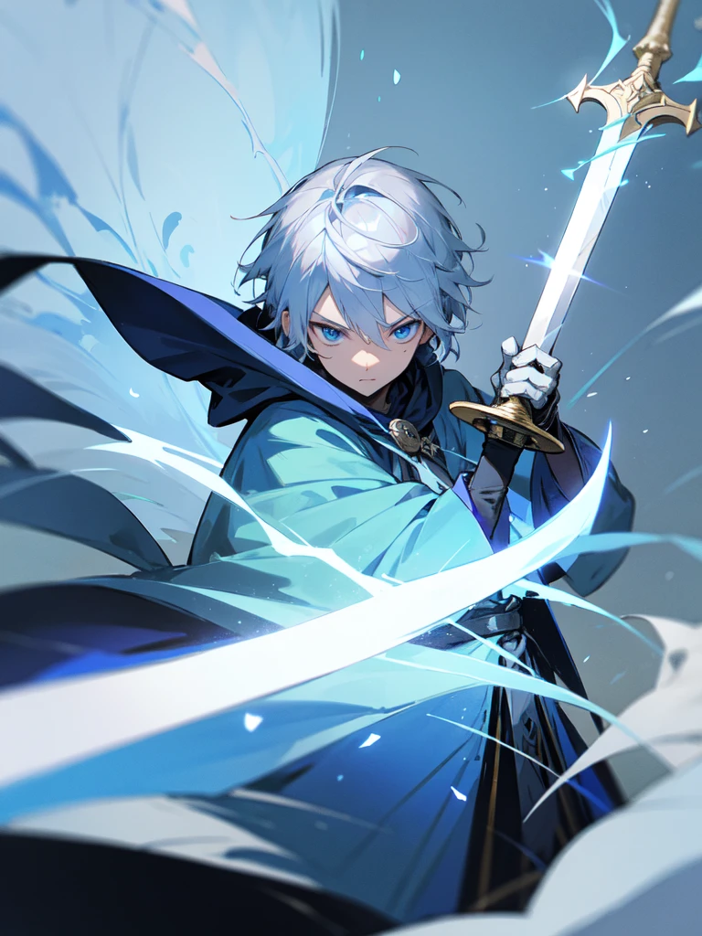 Wizard man, he has a silver hair and blue eyes, he wear a hood and wear gloves , hold sword with hand.