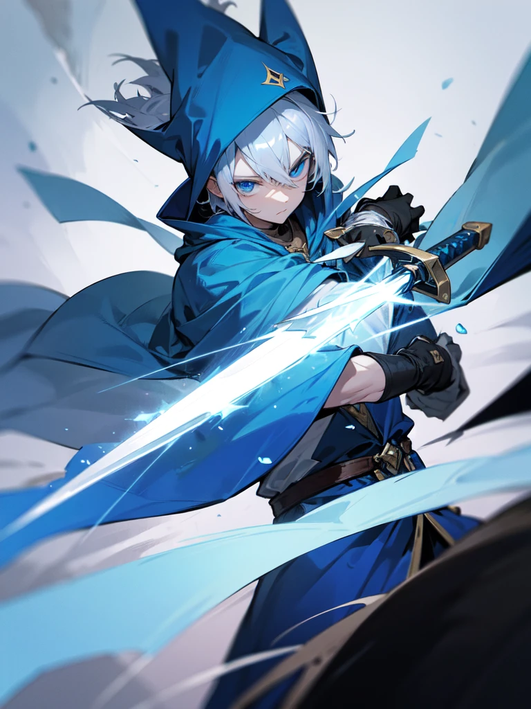 Wizard man, he has a silver hair and blue eyes, he wear a hood and wear gloves , hold sword with hand.
