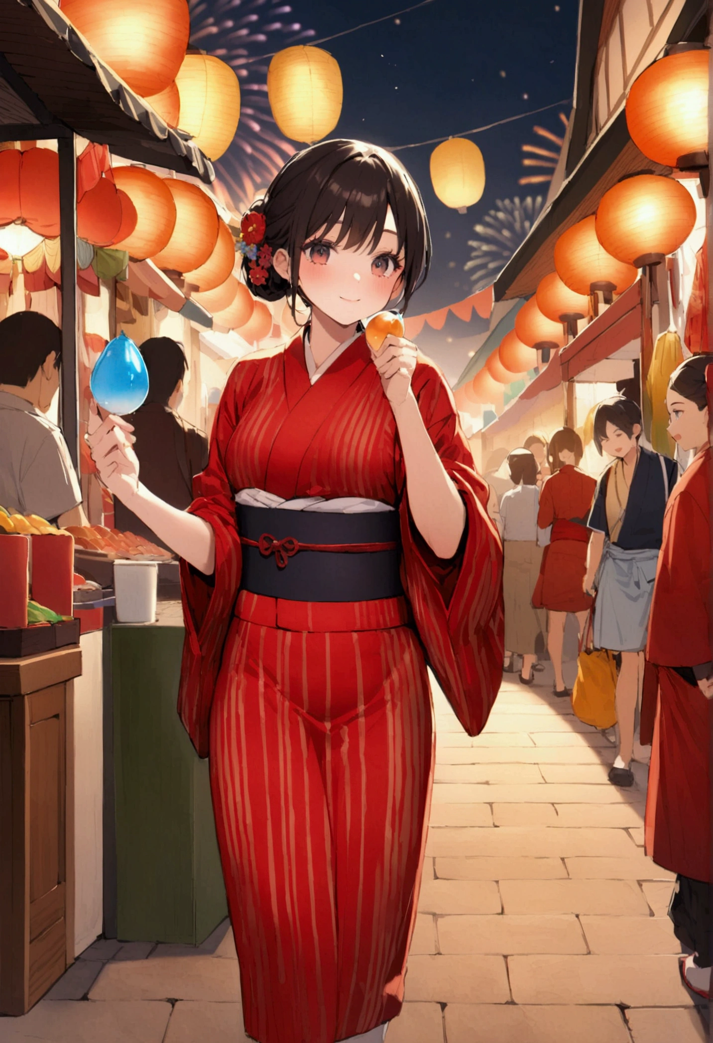 Holding a small water balloon in hand and wearing a red yukata while walking around the Japanese Fireworks Festival at a street vendor