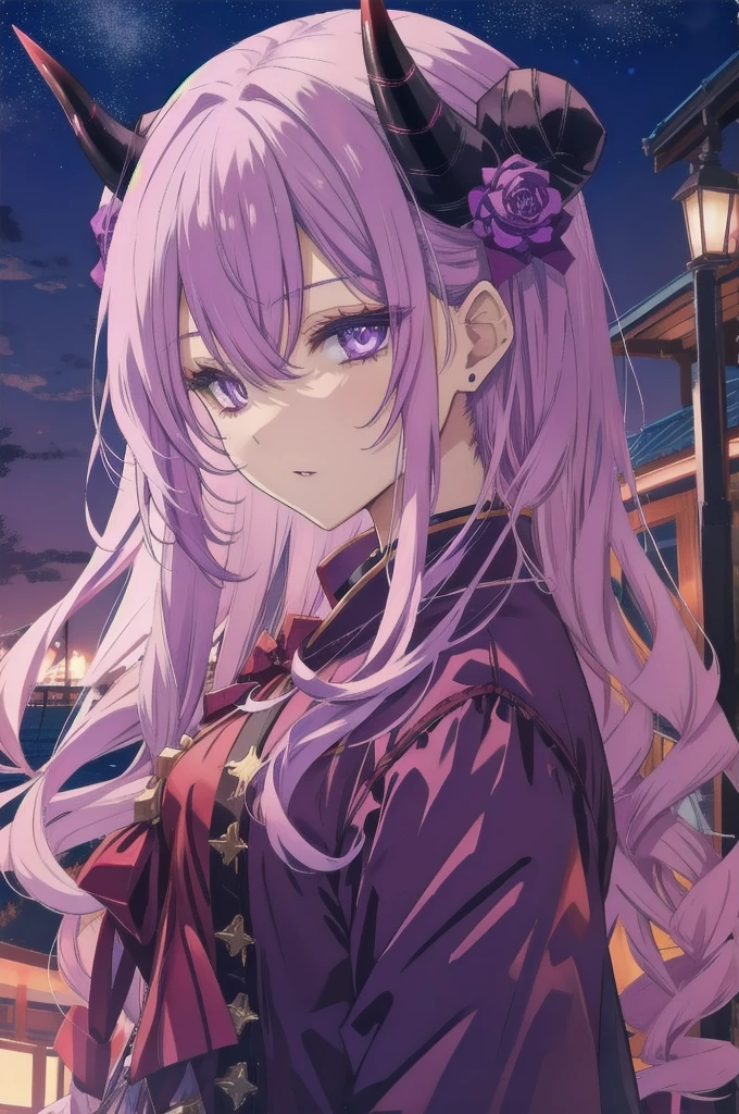A devilish purple-haired with horns 月,Night Sky