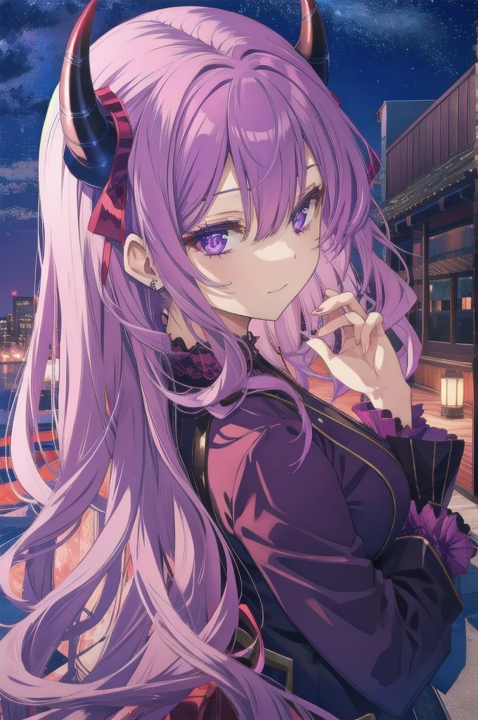 A devilish purple-haired  with horns 月,Night Sky