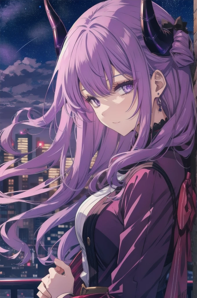 A devilish purple-haired with horns 月,Night Sky