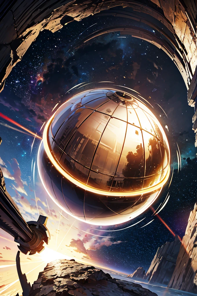 Giant metal sphere floating inside a metallic cave