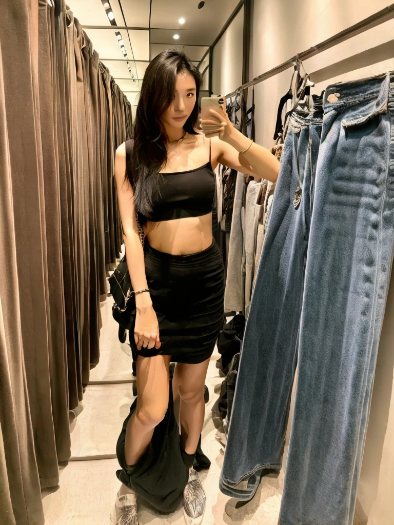 masterpiece, Japanese beautiful lady, narrow waist, casual wear, summur, fitting room, dark long hair