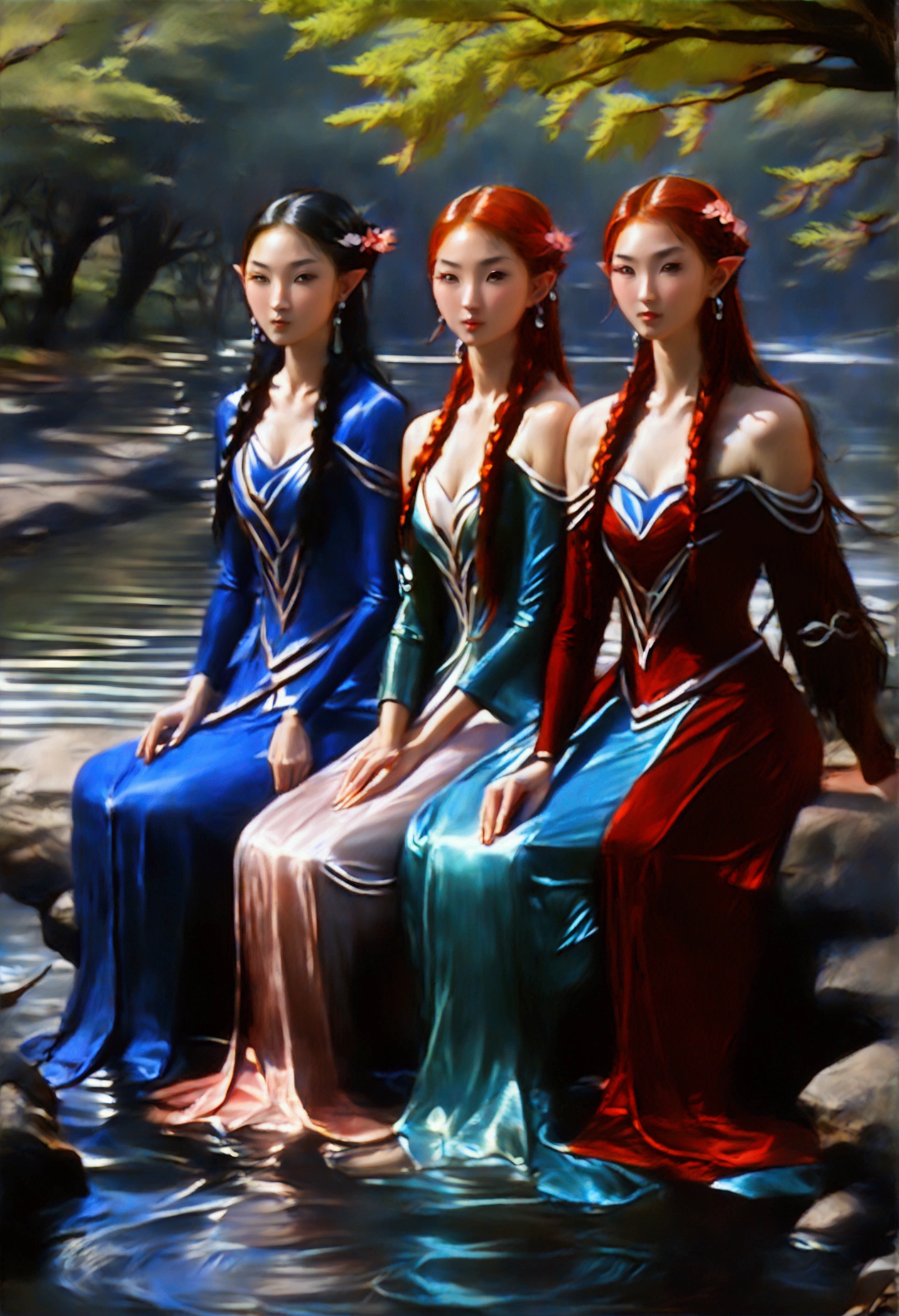 A group of beautiful slender young elf girls resting on the river bank, Charming, (Sakimichan style:1.7), fantasy sty