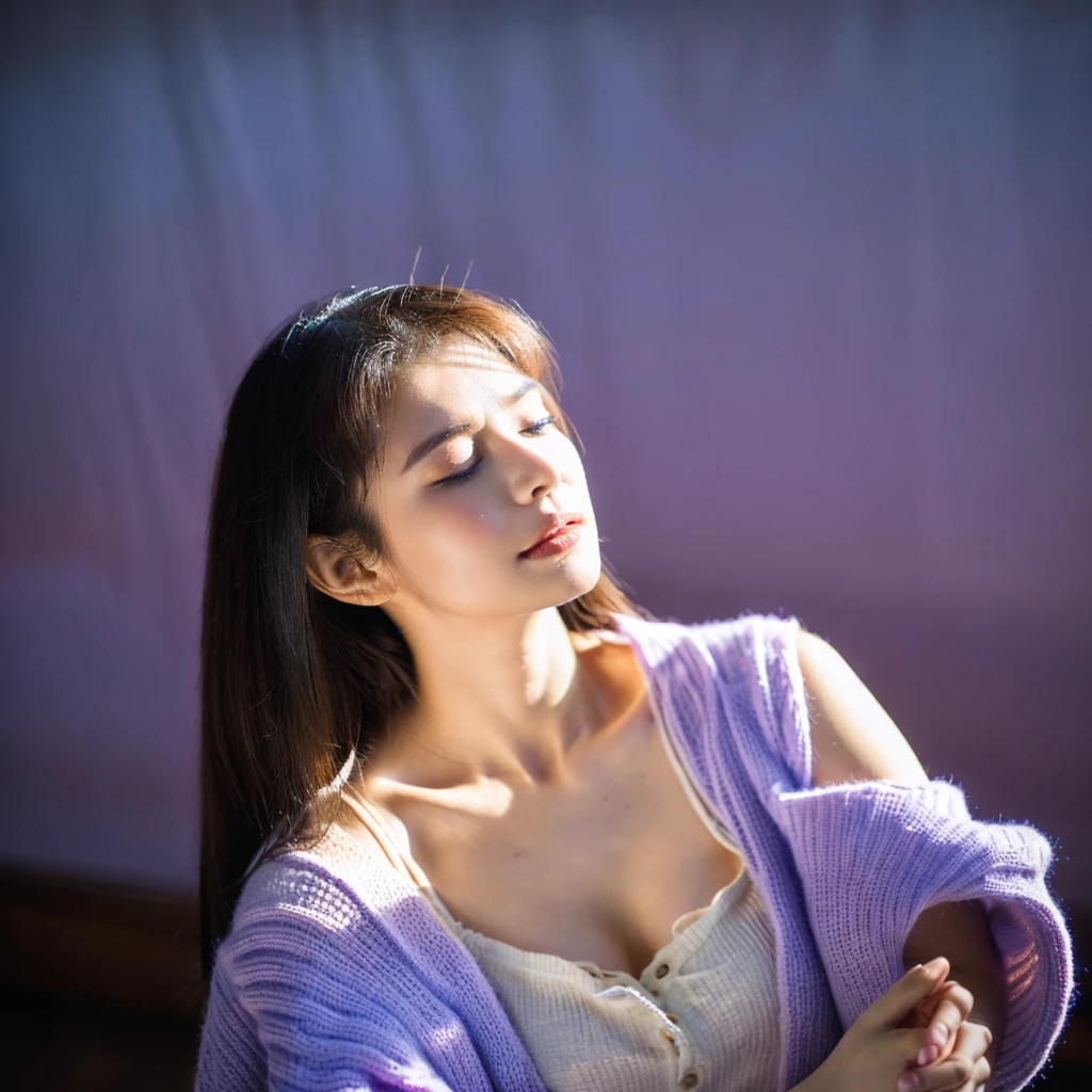 (best quality:1.2), (masterpiece:1.2), (8K:1.2), (intricate details:1.2), (cinematic light:1.2), (photorealistic:1.2), (raw, highres:1.2), (This image shows a woman tilting her head back in a dimly lit room. Her eyes are closed, and a calm and peaceful expression is on her face. Her long hair falls naturally, and the lighting casts a soft purple and blue hue on her face and hair. Overall, the image evokes a serene and dreamy atmosphere.)