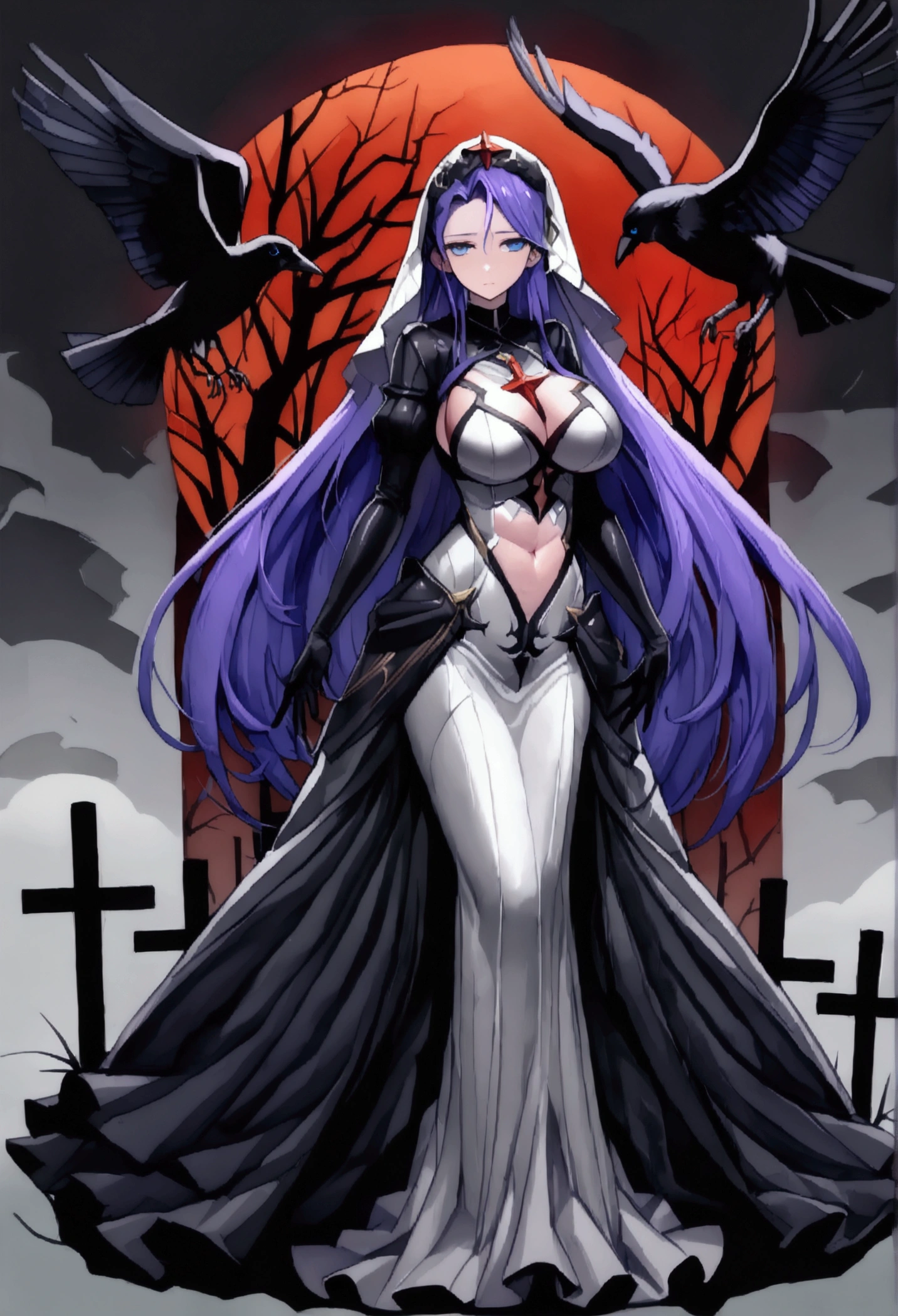 長い髪のbeautifulアニメ風の美女, (((Purple-blue hair)))Sharp long hair,(((Highest quality)))Transparent Hair,Face of Sadness,(((blue eyes)))A beautiful woman filled with sorrow,(((A well-defined, glamorous body)))((Huge bust))Tight waist,(((A radical black and grey dress with a glossy finish))),Overskirt,(((Radical Clergy)))Clothes that expose the chest and navel,Rosary,Veil(((beautiful)))Fair skin,(((Rin々Standing in a cool pose)))Full Body Shot,Crow,(((background)))dead tree,fog,Red Moon,Mysterious flower,Graveyard of Darkness。