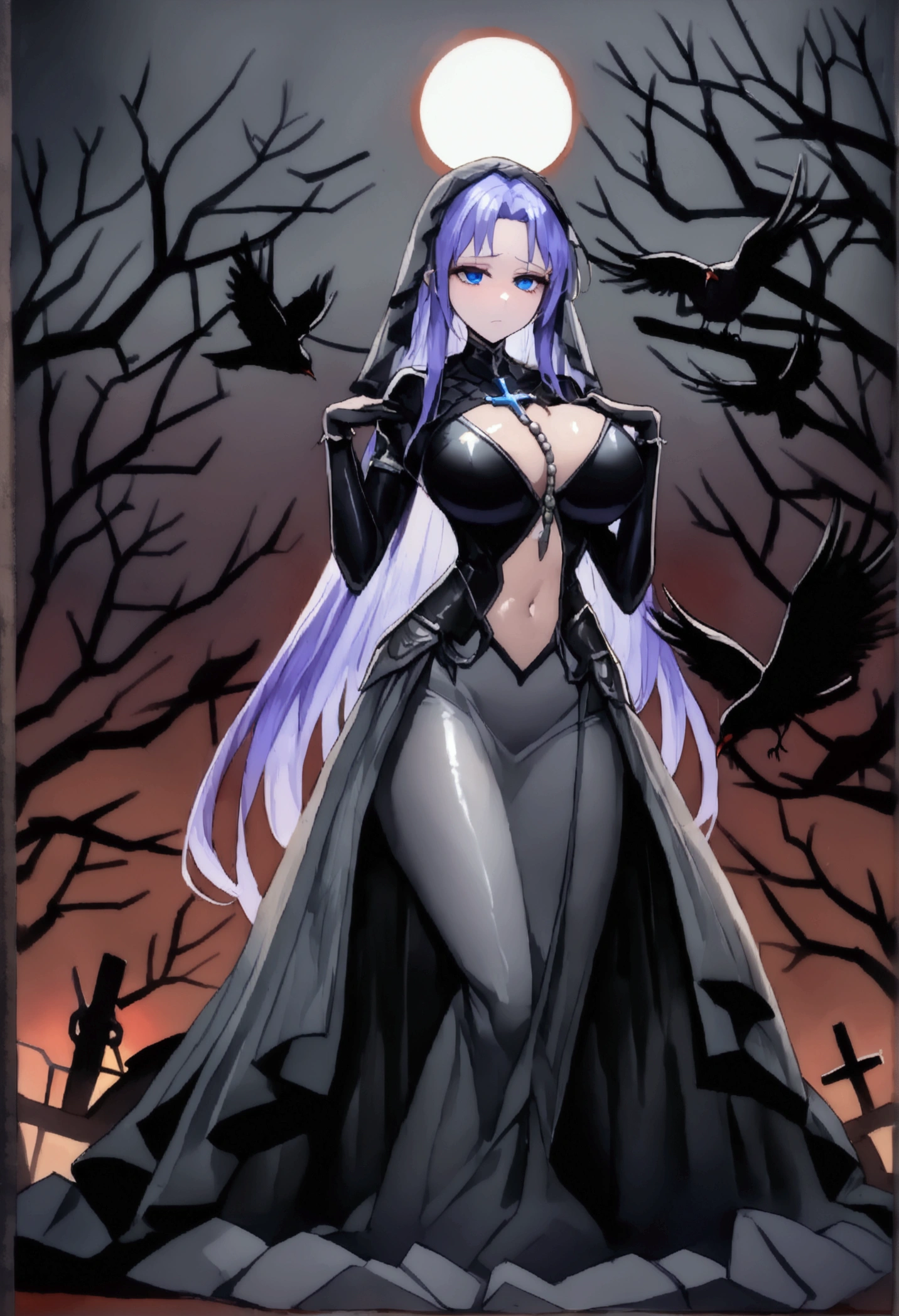 長い髪のbeautifulアニメ風の美女, (((Purple-blue hair)))Sharp long hair,(((Highest quality)))Transparent Hair,Face of Sadness,(((blue eyes)))A beautiful woman filled with sorrow,(((A well-defined, glamorous body)))((Huge bust))Tight waist,(((A radical black and grey dress with a glossy finish))),Overskirt,(((Radical Clergy)))Clothes that expose the chest and navel,Rosary,Veil(((beautiful)))Fair skin,(((Rin々Standing in a cool pose)))Full Body Shot,Crow,(((background)))dead tree,fog,Red Moon,Mysterious flower,Graveyard of Darkness。