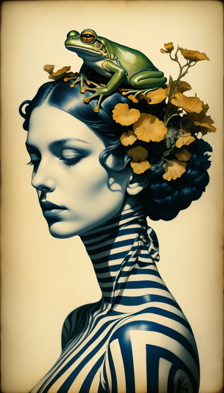a weird creature based on frog and doomer, anatomical drawing, cross processing print, cyanotype, dalle de verre, agate, breton stripes pattern, alberto seveso, andro botticelli, alphonse mucha, alex timmermans, comic, conceptual art, constructivism