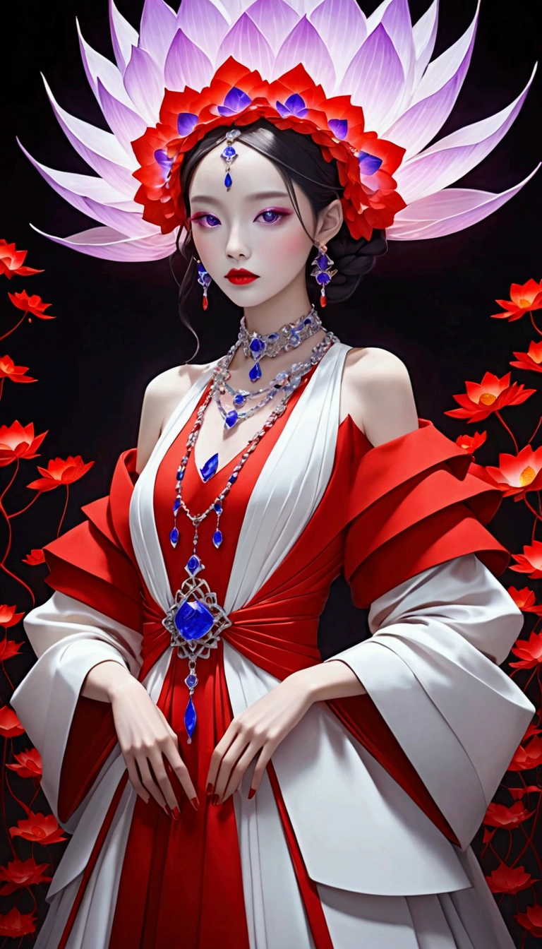 (fashion show:1.3),Alicia Melchiot, Looking at the audience, Cross your arms, Double braid, The model wore an extraordinary avant-garde dress,lotus, Headdress, Violet necklace, 在一场高级fashion show的T台上,Porcelain skin contrasts with deep red lips,She exudes an otherworldly beauty,Experimental photography,Surreal contrasts,Layered Outlines,Complex Mode,Depth and size,translucent,Crystal structure,glowing lines,Fluorescence,Glow Example,Tracking Example,Backlight,Light particle blur,Fractal background