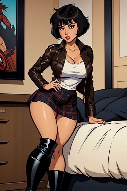 short black hair, with slightly messy bangs.  Dark, penetrating brown eyes.  Thin and marked build.  short black leather skirt, a loose white shirt and a plaid jacket.  She completed her outfit with tall boots. Busty. Comic style. Marvel style