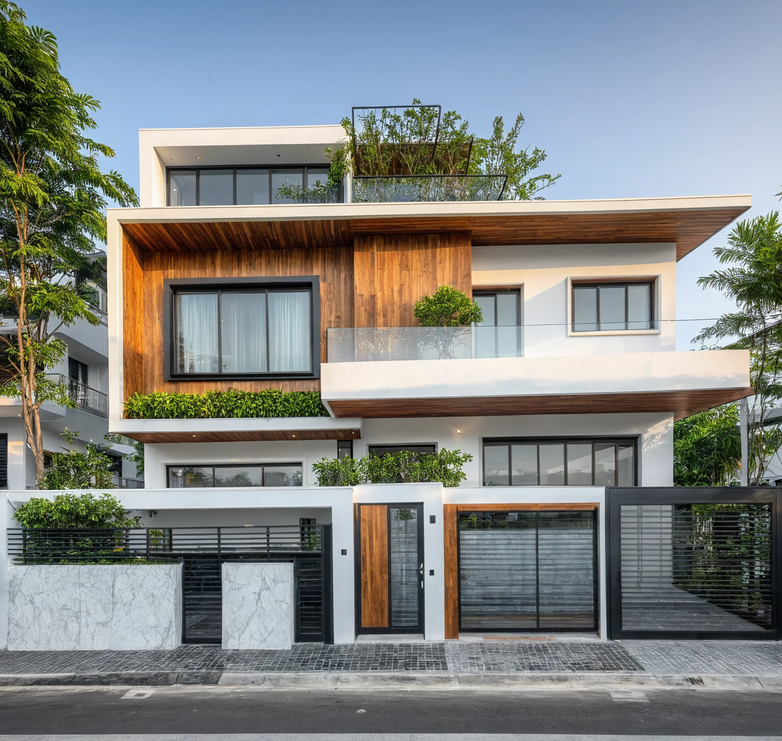 modern townhouse on street, (sunset), tropical tree, vivid colour, streetcapes, white tone, white wall, steel gate, rough white wall, large glass door, (warm interior lighting:1.2), wood and marble, best quality