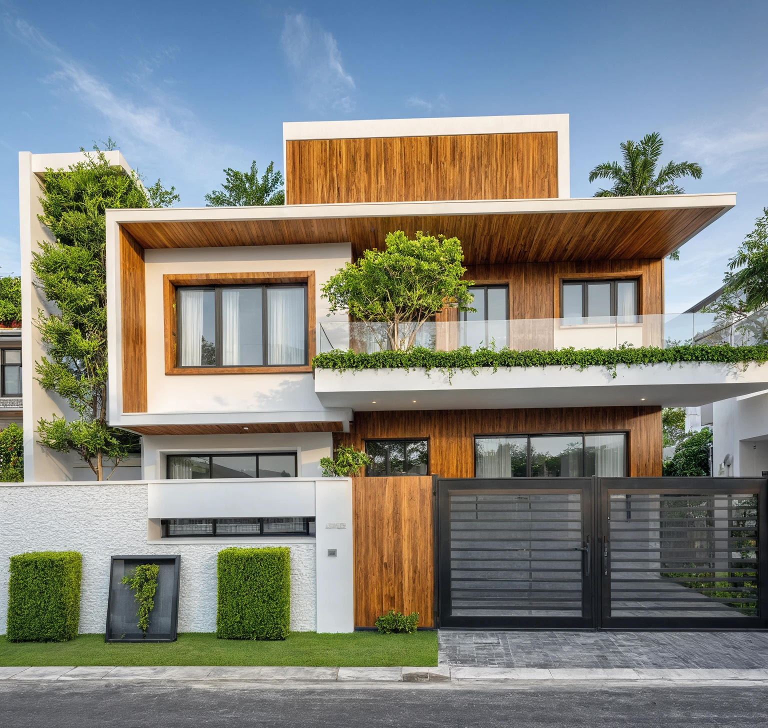 modern townhouse on street, (sunset), tropical tree, vivid colour, streetcapes, white tone, white wall, steel gate, rough white wall, large glass door, (warm interior lighting:1.2), wood and marble, best quality