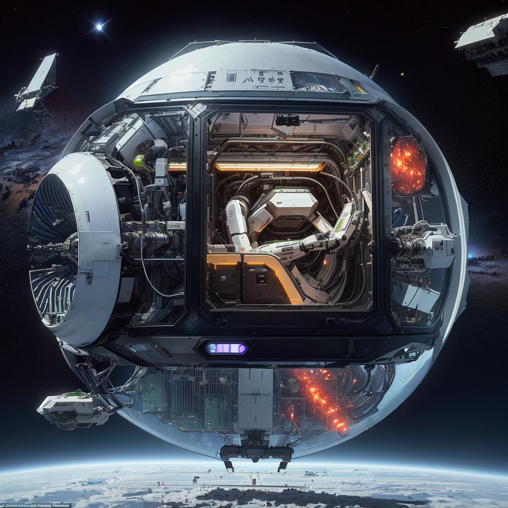 There is an AI robot farmer in the spacecraft planting vegetable seedlings in the greenhouse, 3 d render,Surrealism, Depicted as a science fiction scene, daily art, Space travelling, In spaceships, masterpiece, of Space travelling