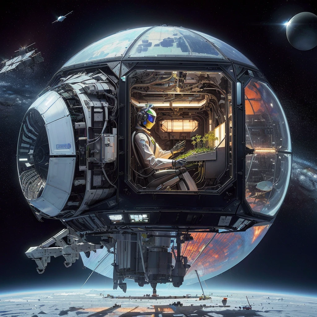 There is an AI robot farmer in the spacecraft planting vegetable seedlings in the greenhouse, 3 d render,Surrealism, Depicted as a science fiction scene, daily art, Space travelling, In spaceships, masterpiece, of Space travelling
