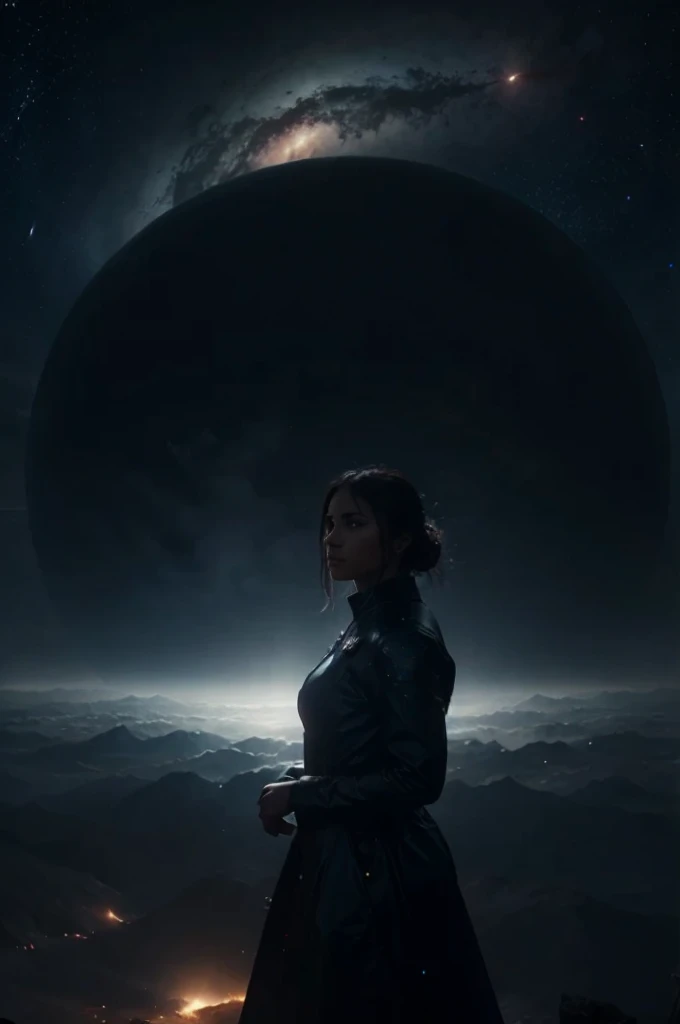 dark cosmic galaxy in night sky, meteor rain, storm, big magnificent planet in center with atmosphere ring, female
 silhouette standing looking at horizon, digital art, fantasy art, unreal engine 5
