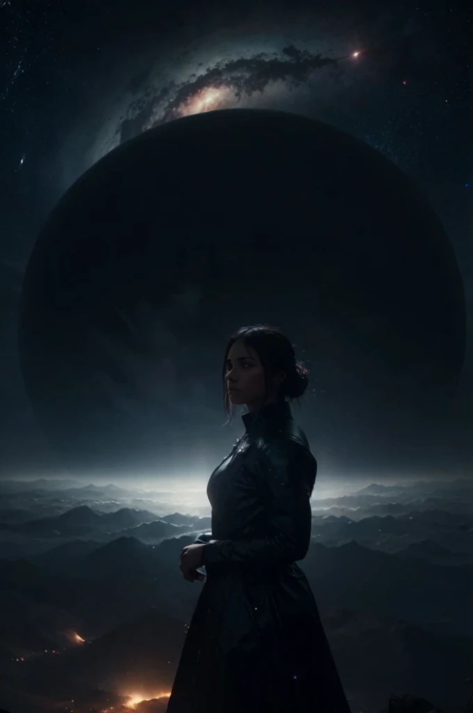 dark cosmic galaxy in night sky, meteor rain, storm, big magnificent planet in center with atmosphere ring, female
silhouette standing looking at horizon, digital art, fantasy art, unreal engine 5