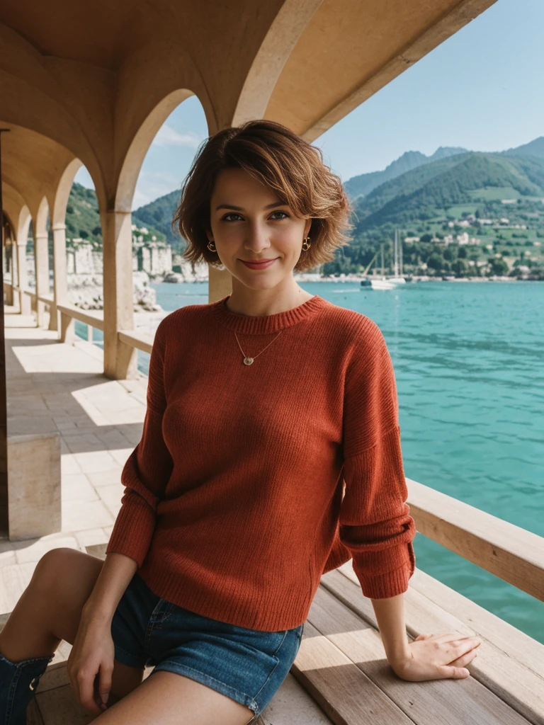 Emily Richardson, 1girl, solo, (((consistent face and image))), ((20 years old)), realistic, photorealistic, (red cranky hair), short hair, (((Caucasian mature woman))), (Swiss woman), (Swiss nose), (Swiss thick lips), posing outside the French Riviera: Stunning coastal views, yachts, and beaches, upper body and upper legs, smirking, standing, wearing In style in trend Generation-Z modern wear different colored,
