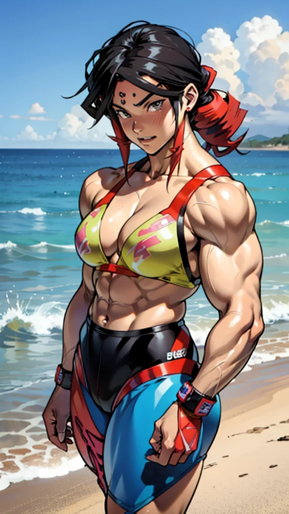 アニメ cel-shading (female (Goddess)), (bodybuilding: 1.8), (muscle: 1.8), on the beach in ((anime + manga + comics + cartoon) style)