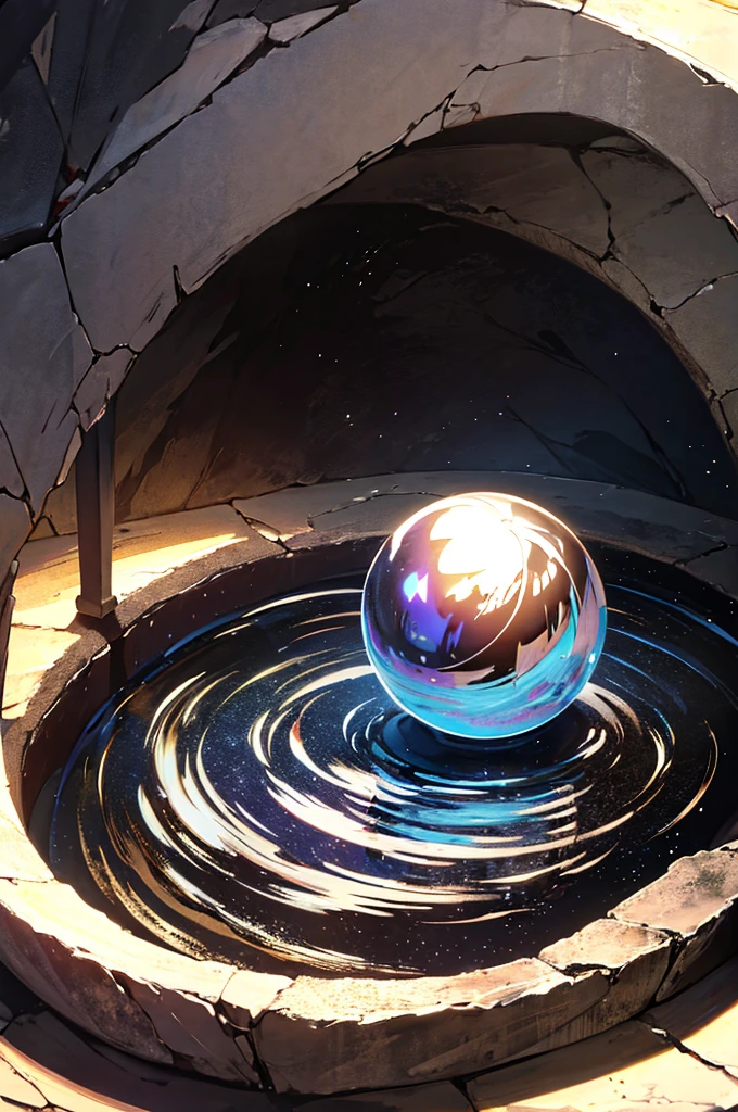 Metallic sphere made of liquid metal inside a cave