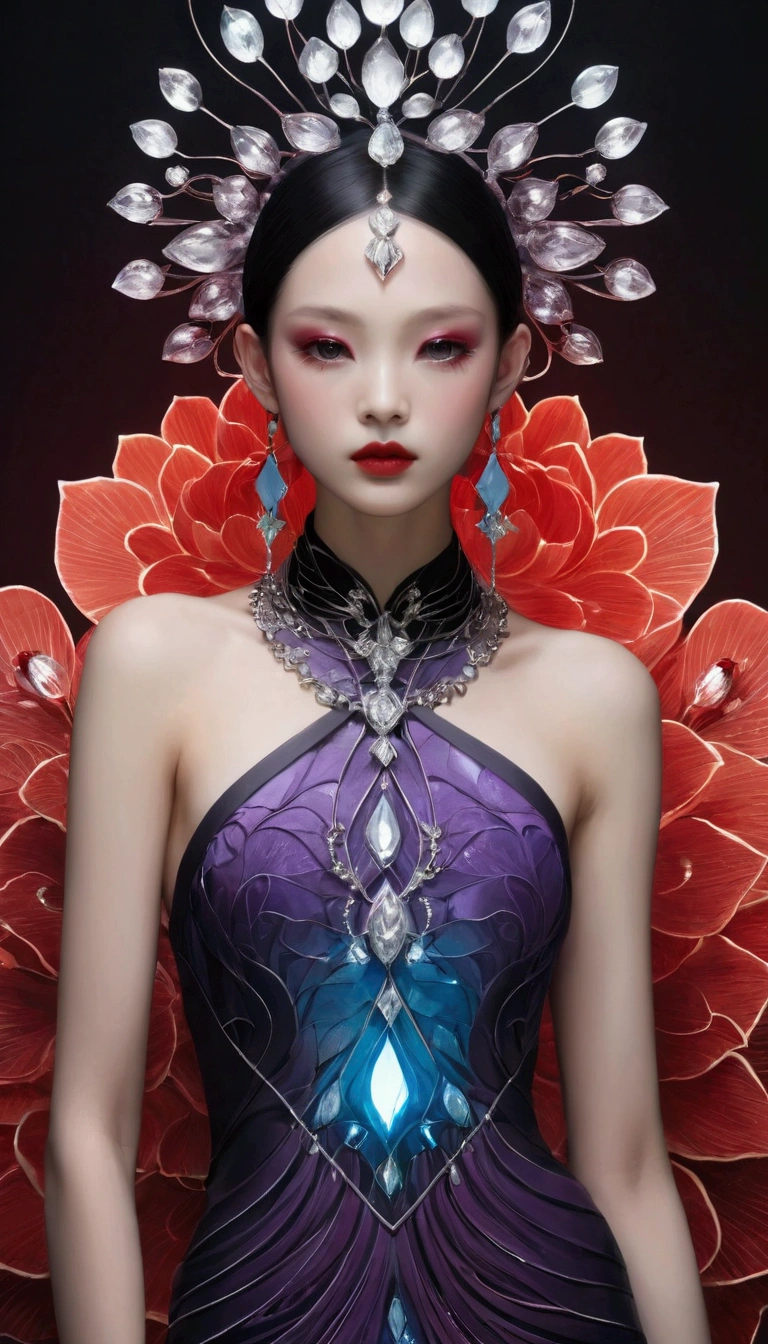 （fashion show：1.3），Alicia Melchiot, Looking at the audience, Cross your arms, Double braid, The model wore an extraordinary avant-garde dress，lotus, Headdress, Violet necklace, 在一场高级fashion show的T台上，Porcelain skin contrasts with deep red lips，She exudes an otherworldly beauty，Experimental photography，Surreal contrasts，Layered Outlines，Complex Mode，Depth and size，translucent，Crystal structure，glowing lines，Fluorescence，Glow Example，Tracking Example，Backlight，Light particle blur，Fractal background
