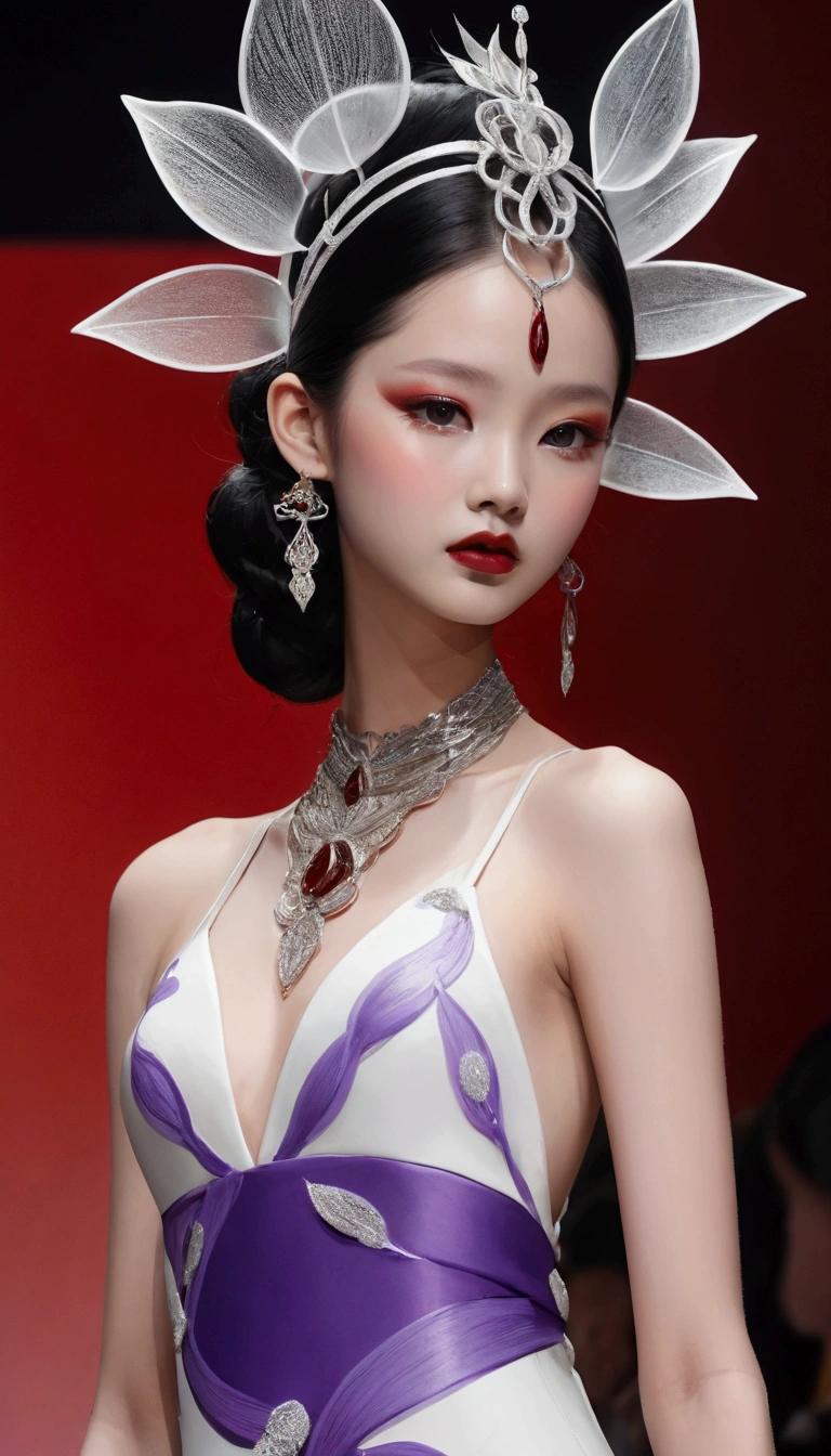 (fashion show:1.3),Alicia Melchiot, Looking at the audience, Cross your arms, Double braid, The model wore an extraordinary avant-garde dress,lotus, Headdress, Violet necklace, 在一场高级fashion show的T台上,Porcelain skin contrasts with deep red lips,She exudes an otherworldly beauty,Experimental photography,Surreal contrasts,Layered Outlines,Complex Mode,Depth and size,translucent,Crystal structure,glowing lines,Fluorescence,Glow Example,Tracking Example,Backlight,Light particle blur,Fractal background