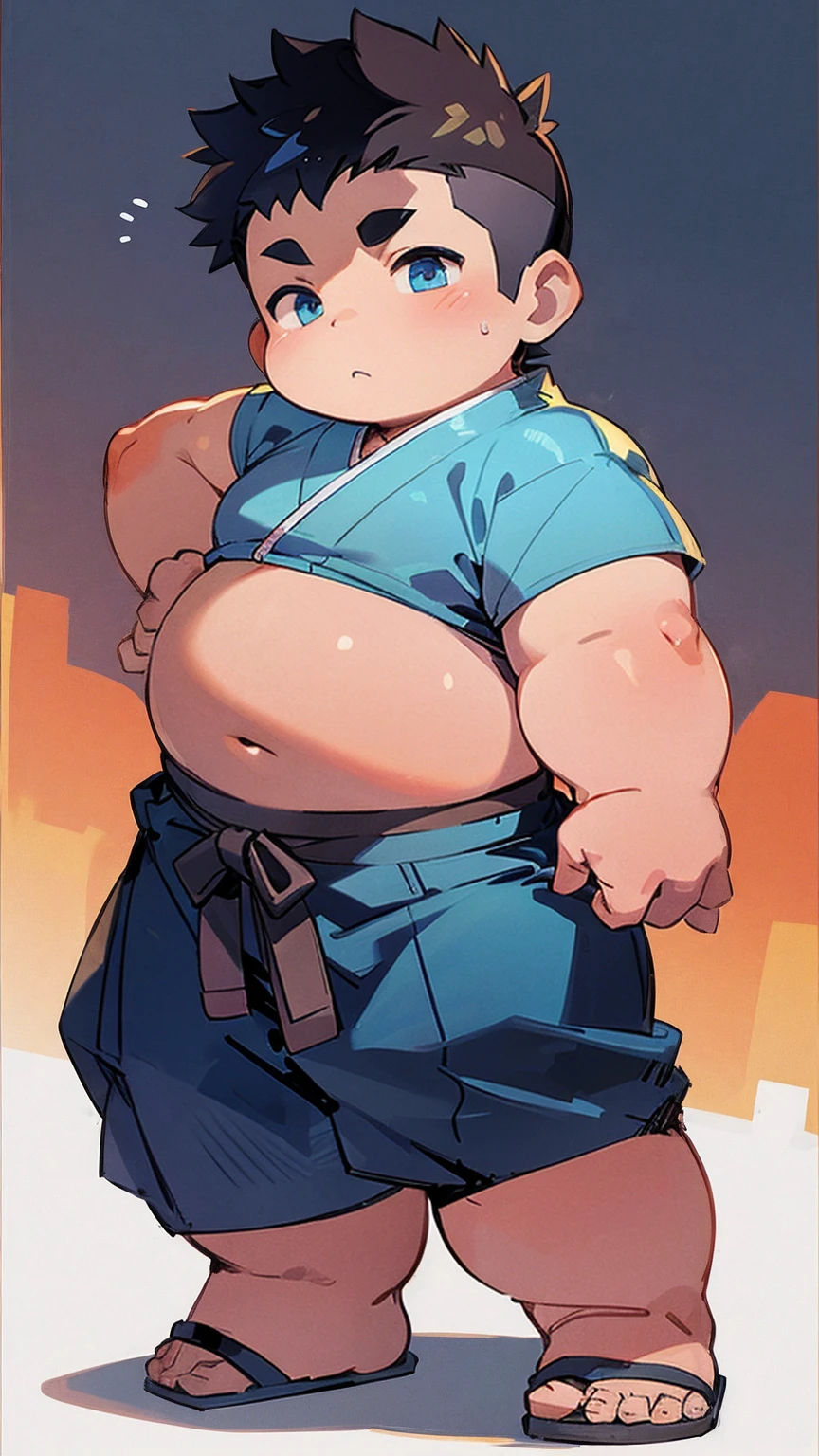 ((androgynous)), beautiful, (very short hair), (pudgy face), (thick),(cute), ((boyish)), (chubby), belly, muscular, (beefy), (cool), (Hakama), (blue eyes), (shaved sides), (Black Hair), (warrior),