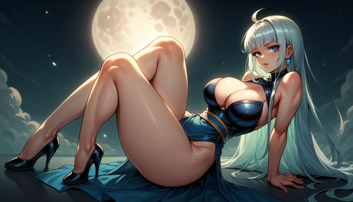 Create the full-body image of the Sakura street fighters game, your features exuding a sense of ethereal beauty. Her big blue eyes, full breasts. Seductive expression, reflecting the light of the full moon. Her flawless porcelain skin is adorned with a single dazzling and sensual crystal, adding a touch of mystery to her delicate appearance. The image, a digital painting, captures her unique and captivating essence, in black high heels.