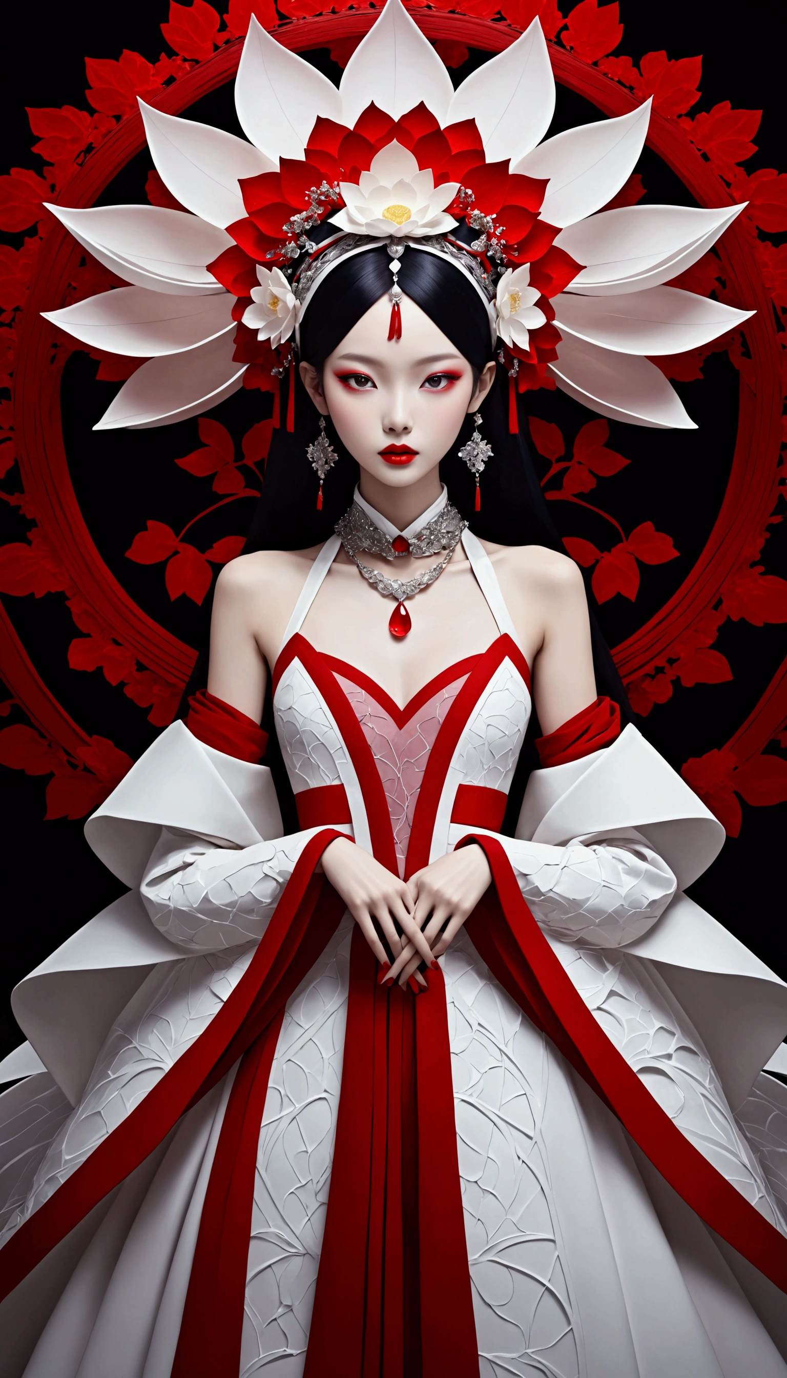 (fashion show:1.3),Alicia Melchiot, Looking at the audience, Cross your arms, Double tail, Headdress, tie, High Leg Raise, The model wore an extraordinary avant-garde dress,lotus, Headdress, Violet necklace, 在一场高级fashion show的T台上昂首阔步,Porcelain skin contrasts with deep red lips,She exudes an otherworldly beauty,Experimental photography,Surreal contrasts,Layered Outlines,Complex Mode,Depth and size,translucent,Crystal structure,glowing lines,Fluorescence,Glow Example,Tracking Example,Backlight,Light particle blur,Fractal background