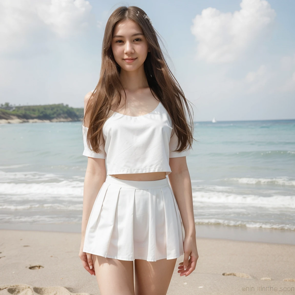 A beautiful 25-year-old Japanese white girl, with long hair, a thin figure, wearing a short white skirt and a top, dress is little transparent, on the beach, standing ((best quality)), ((masterpiece)), (detailed), perfect face, capture to thighs, slightly smiling
