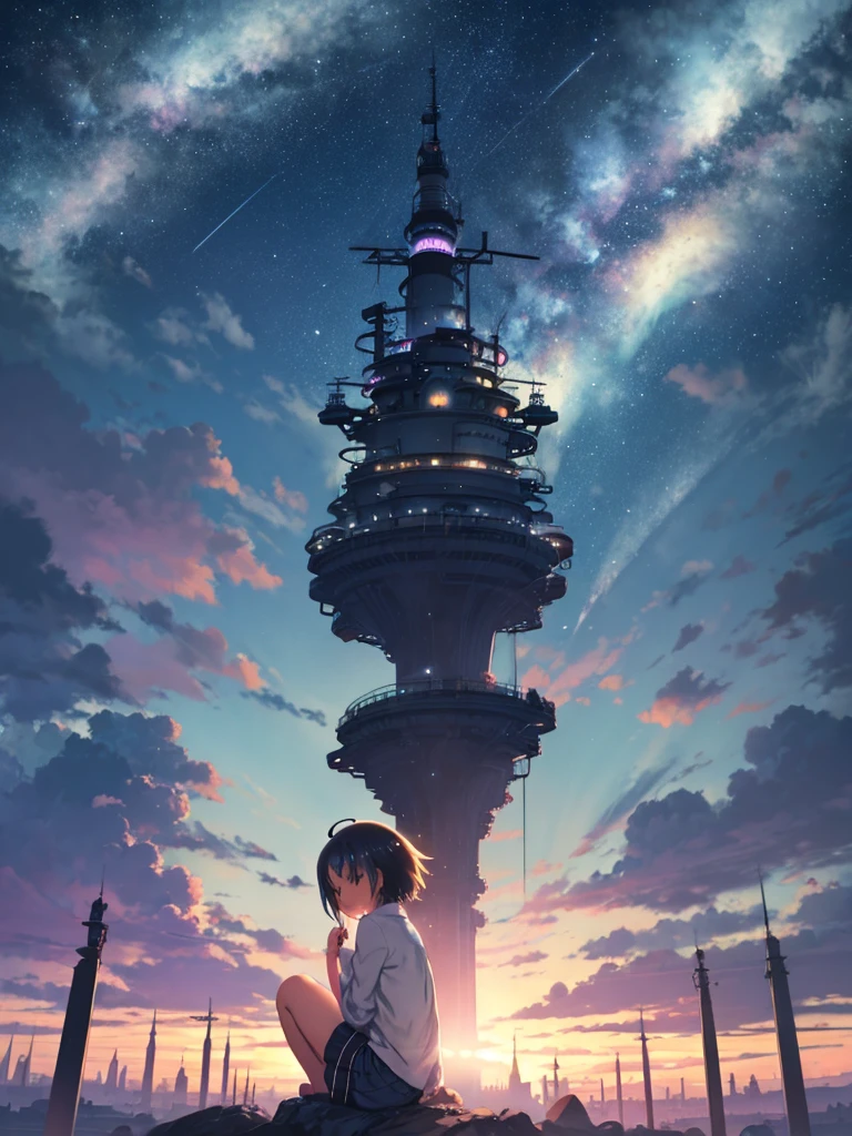 Anime girl sitting on a rock looking at the sky,A tower piercing the sky in the distance, makoto shinkai cyril rolando, anime art wallpaper 4k, anime art wallpaper 4k, Cyril Rolland and Goro Fujita, Anime Art Wallpapers 8K, 4k anime wallpaper, anime wallpaper 4k, anime wallpaper 4k, ( ( Makoto Shinkai ) ), Makoto Shinkai!