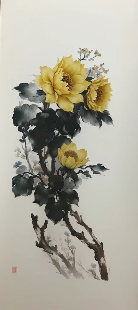 Close up of flower painting on white surface, inspired by Wu Changshuo, Chinese Ink Painting, style of guo hua, Inspired by Wang Guxiang, Chinese painting style, by Cao Zhibai, by Wu Changshuo, Zhang Shunzi, by Guo Xi, author:Yang J, author:Xu Xi