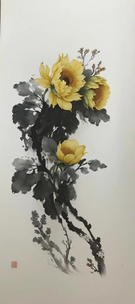 Close up of flower painting on white surface, inspired by Wu Changshuo, Chinese Ink Painting, style of guo hua, Inspired by Wang Guxiang, Chinese painting style, by Cao Zhibai, by Wu Changshuo, Zhang Shunzi, by Guo Xi, author：Yang J, author：Xu Xi