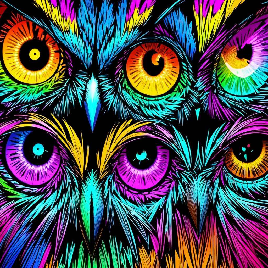 Brightly colored owl with a psychedelic look on his face, very detailed digital art., 4k very detailed digital art., highly detailed digital artwork, very detailed digital art, ultra detailed digital art, Extremely detailed digital art, detailed digital artwork, High quality 8K detailed art, Highly detailed and hypnotic, ultra detailed digital art, Overly detailed digital art