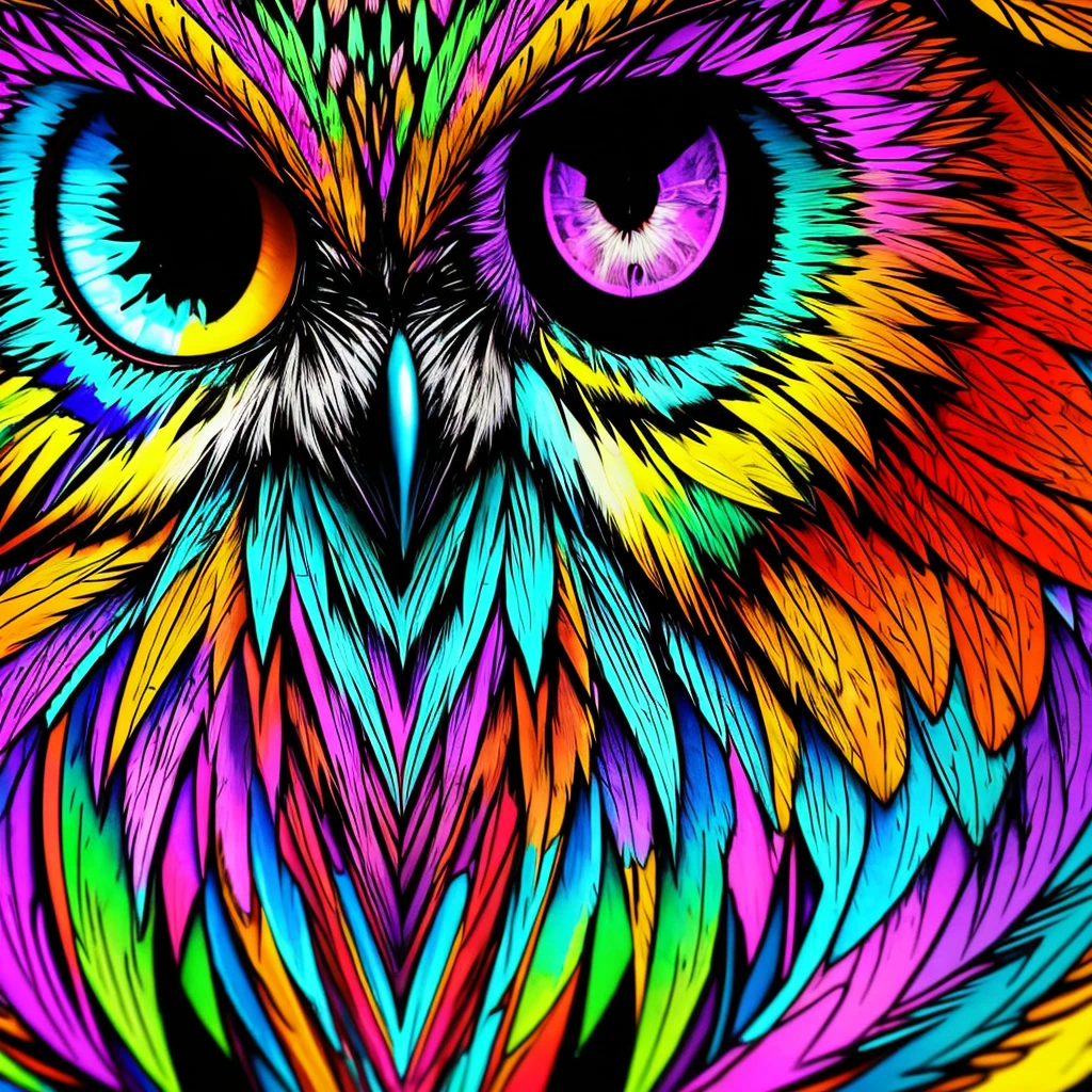 Brightly colored owl with a psychedelic look on his face, very detailed digital art., 4k very detailed digital art., highly detailed digital artwork, very detailed digital art, ultra detailed digital art, Extremely detailed digital art, detailed digital artwork, High quality 8K detailed art, Highly detailed and hypnotic, ultra detailed digital art, Overly detailed digital art