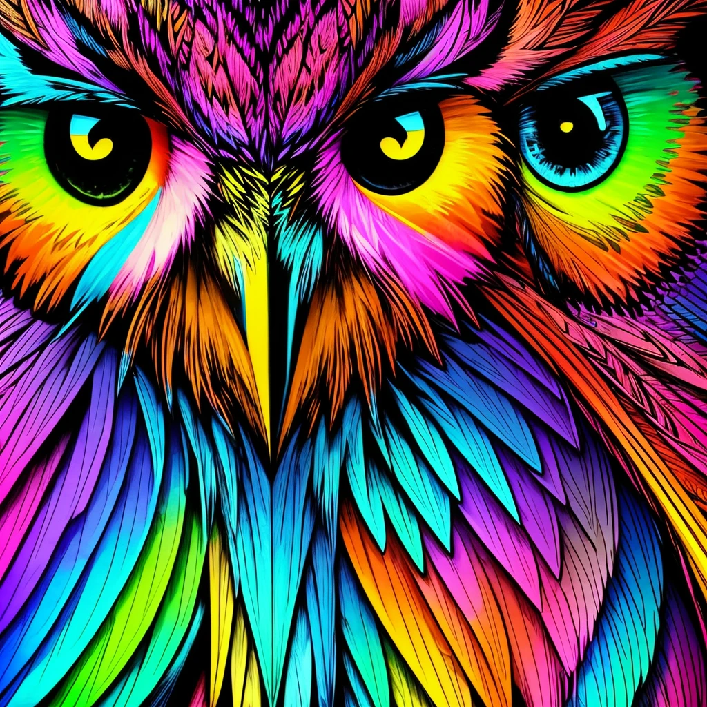 Brightly colored owl with a psychedelic look on his face, very detailed digital art., 4k very detailed digital art., highly detailed digital artwork, very detailed digital art, ultra detailed digital art, Extremely detailed digital art, detailed digital artwork, High quality 8K detailed art, Highly detailed and hypnotic, ultra detailed digital art, Overly detailed digital art
