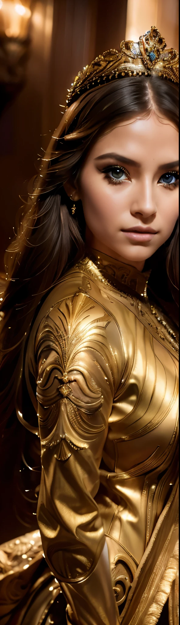 a beautiful girl, princess Irulan from the movie Dune, detailed portrait, detailed face, beautiful eyes, long eyelashes, detailed nose and lips, detailed skin, flowing hair, crown, ornate dress, elegant pose, dramatic lighting, cinematic composition, photorealistic, high resolution, 8k, masterpiece