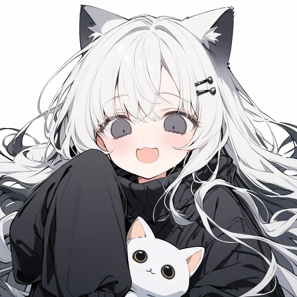 long hair, White hair, black inner hair, open mouth, smile, flustered, Illustration where the pupil does not overlap the lower lash line, The lower half of the eye is white, vacant eyes, black eyes, oversized clothes, sleeves past wrists, , black cardigan, black ribbon, piercing, stuffed animal, White background, 1girl, cat ear,solo, hairpin