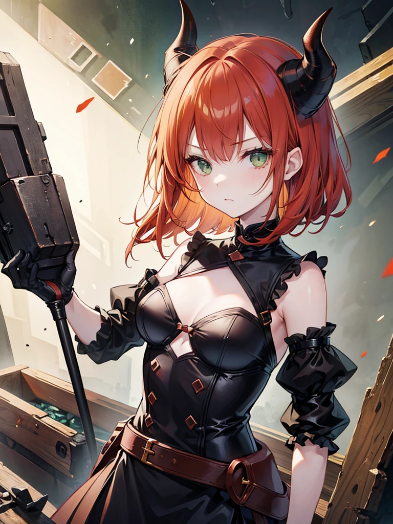Girl with copper-amber hair, dark green eyes , simple y dark clothes, sly facial expression, , on the head there are black small demonic horns, average build , belt art , high detail studio light